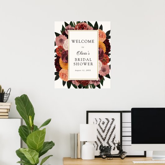 オータム バーガンディ フラワーブライダルシャワー ウェルカムサイン ポスター (ホームオフィス)