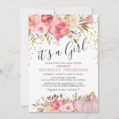 オータム ピンク パンプキン 女の子 フラワー ベイビー シャワー 招待状 (正面)