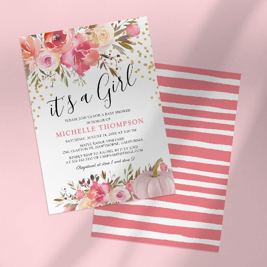 オータム ピンク パンプキン 女の子 フラワー ベイビー シャワー 招待状