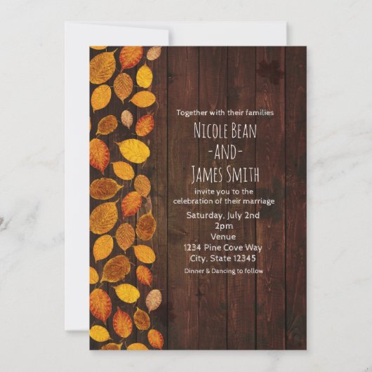 オータム フォール ラスティック ゴールデン リーフ & ウッド ウェディング 招待状 (正面)
