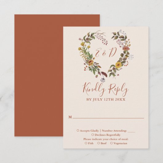 オータム フォール ラスティック フラワーテラコッタ ウェディング 出欠カード (正面/裏面)