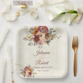 オータム フラワール ゴールドのウェディング ペーパープレート