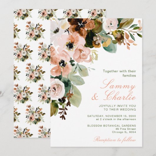 オータム フルール ブッシュ ピンクの花と葉の結婚式 招待状 (正面/裏面)