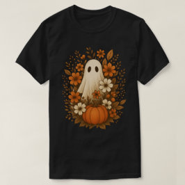 オータム・フローラルに囲まれたスプーキー・ゴースト パンプキン Tシャツ