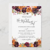 オータム フローラル バーン オレンジ ゴールド グリッター ウェディング 招待状 (正面)