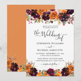 オータム フローラル バーン オレンジ ゴールド グリッター ウェディング 招待状