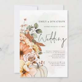 オータム フローラル パンプキン スクリプト QR コード ウェディング 招待状