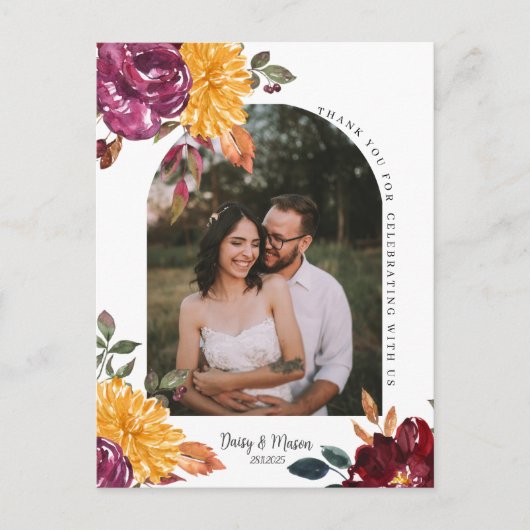 オータム フローラル ボールド ウォーターカラー ブルーム サンクス ポストカード (正面)