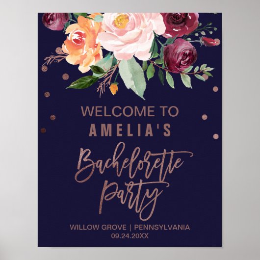 オータム フローラル ローズゴールド ブライズメイド パーティー ウェルカム ポスター (正面)