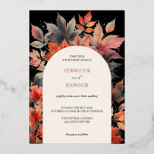 オータム マップル リーフ ウェディング エレガント 水彩 ブラック 箔招待状 (正面)