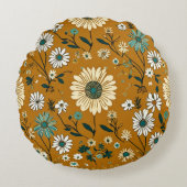 オータム レトロ ボヘミア ムスタード フラワーズ パターン ラウンドクッション (正面)