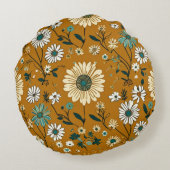 オータム レトロ ボヘミア ムスタード フラワーズ パターン ラウンドクッション (裏面)