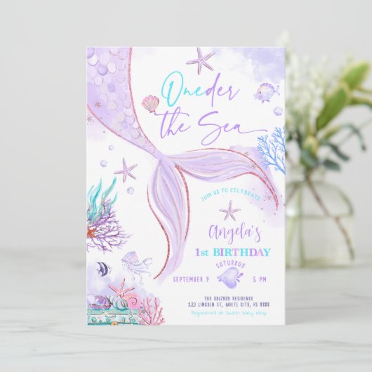 オーダーザシーマーメイドパープルティール（緑がかった色）1歳 招待状 (スタンド正面)