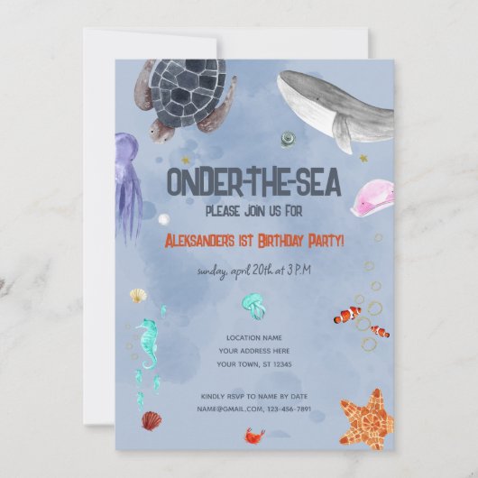 オーダーザシー海動物1st誕生日パーティー 招待状 (正面)