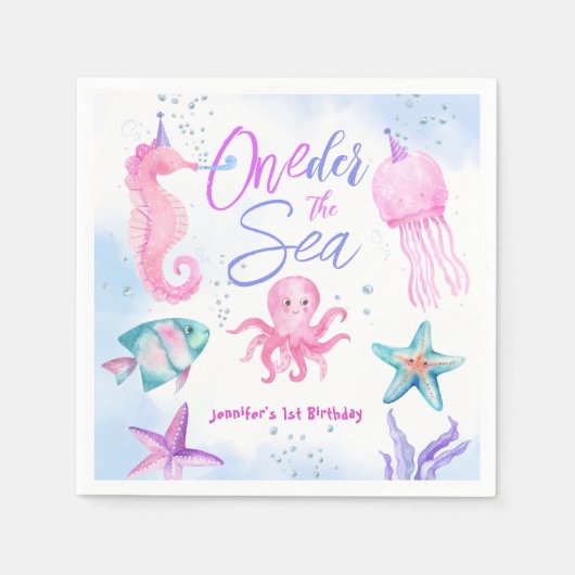 オーダーザシー |マーメイド1歳の誕生日かわいい海 スタンダードカクテルナプキン (正面)