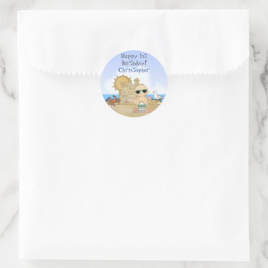 オーダーメイドかわいいビーチベビーボーイの1歳の誕生日 ラウンドシール (バッグ)