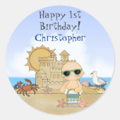 オーダーメイドかわいいビーチベビーボーイの1歳の誕生日 ラウンドシール (正面)