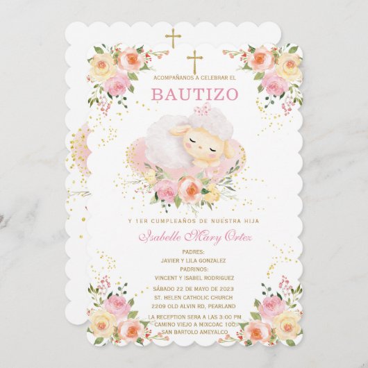 オーダーメイドのひつじ お洗礼と1歳の誕生日 招待状 (正面/裏面)