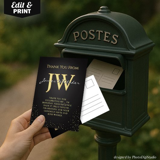 オーダーメイドのイニシャル エレガント ブラック ゴールド ありがとうカード サンキューカード