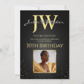 オーダーメイドのイニシャル エレガント ブラック ゴールド 30歳の誕生日 招待状 (正面)