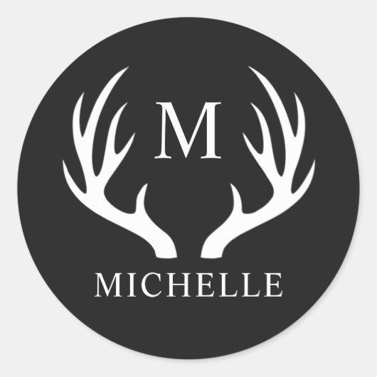 オーダーメイドのイニシャル　ブラック　ホワイト　シカの角 ラウンドシール (正面)