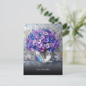 オーダーメイドのエレガントな紫と青の花 ポストカード (スタンド正面)