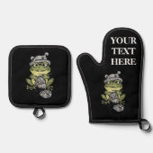 オーダーメイドのキッチンギフトかわいい編み物カエル変更 鍋つかみ&鍋敷きセット (正面)