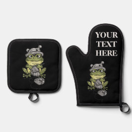 オーダーメイドのキッチンギフトかわいい編み物カエル変更 鍋つかみ&鍋敷きセット