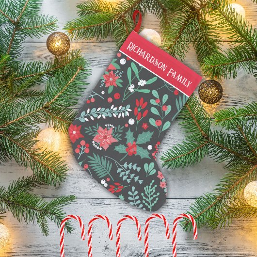オーダーメイドのクリスマスの花模様の家族の名前 スモールクリスマスストッキング