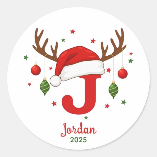 オーダーメイドのクリスマスイニシャル J サンタ帽子 ラウンドシール (正面)