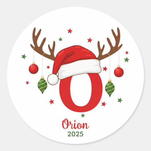 オーダーメイドのクリスマスイニシャル O サンタ帽子 ラウンドシール (正面)
