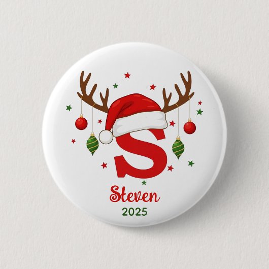 オーダーメイドのクリスマスイニシャル S サンタ帽子 缶バッジ (正面)