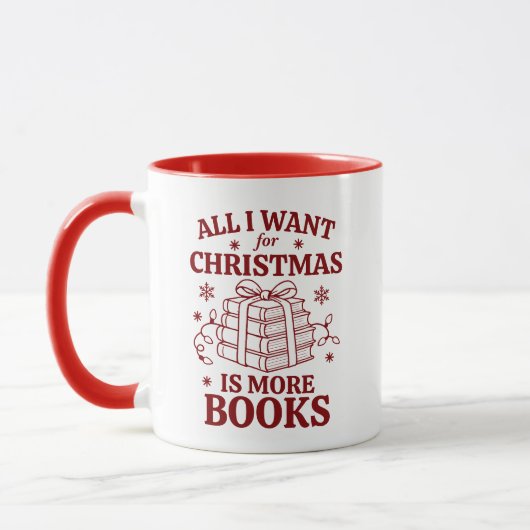 オーダーメイドのクリスマスギフト: 読書好きのための「クリスマスに欲しいのは本だけ」デザイン マグカップ (左)