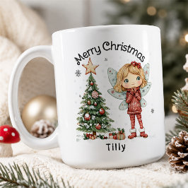 オーダーメイドのクリスマスフェアリーとツリー コーヒーマグカップ
