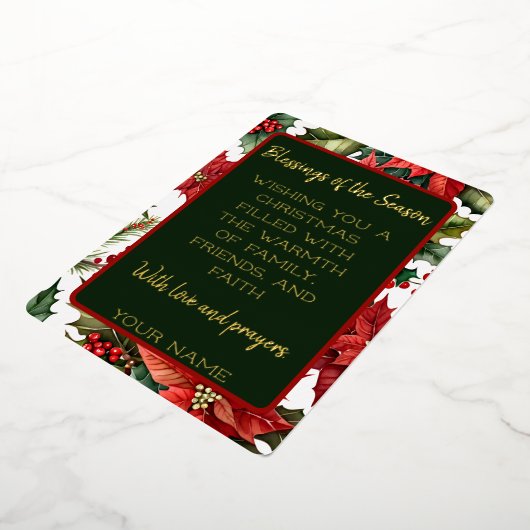 オーダーメイドのクリスマスメッセージ付きの赤いポインセチア 箔シーズンカード (回転した状態)