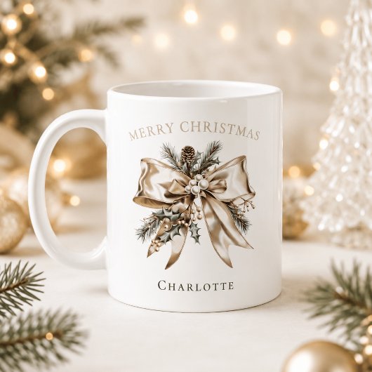 オーダーメイドのクリスマスリボンマグ コーヒーマグカップ