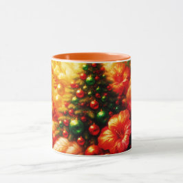 オーダーメイドのコーヒーに描かれたクリスマスツリーと花 マグカップ