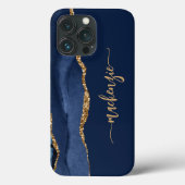 オーダーメイドのシグネチャー ネイビーブルー ゴールド アゲート Case-Mate iPhoneケース (裏面)