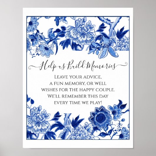 オーダーメイドのジェンガ ブライダルシャワー サイン 10x12 青 白 (正面)