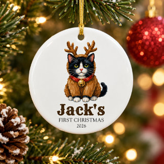 オーダーメイドのタキシード猫の1歳のクリスマス セラミックオーナメント