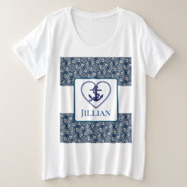 オーダーメイドのネイビーブルーの花柄Tシャツ（プラスサイズ） プラスサイズTシャツ