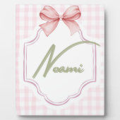 オーダーメイドのノアミーちゃんのベビーガール用保育園 リボン&ギンガム フォトプラーク (正面)