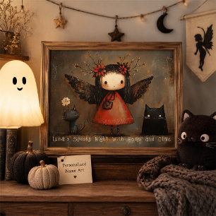 オーダーメイドのハロウィンフェアリーと猫の壁掛けアート ポスター