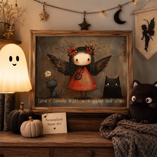 オーダーメイドのハロウィンフェアリーと猫の壁掛けアート ポスター