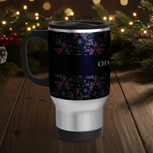 オーダーメイドのヒイラギの実と雪の結晶のクリスマス トラベルマグ