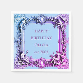オーダーメイドのビクトリアンスクロールフレーム、エレガントな青とピンク スタンダードカクテルナプキン
