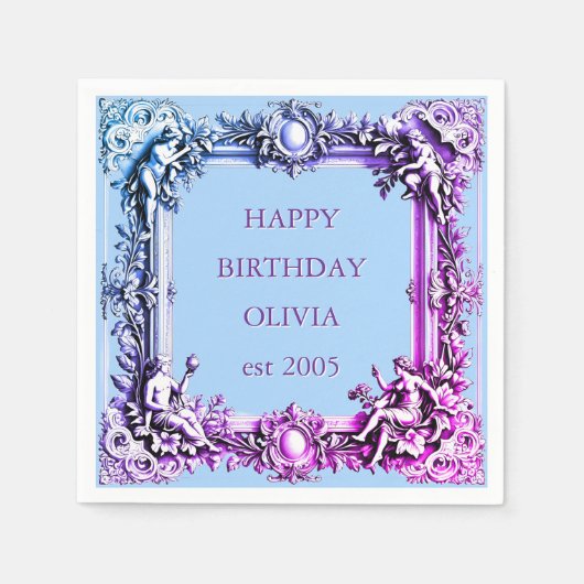 オーダーメイドのビクトリアンスクロールフレーム、エレガントな青とピンク スタンダードカクテルナプキン (正面)