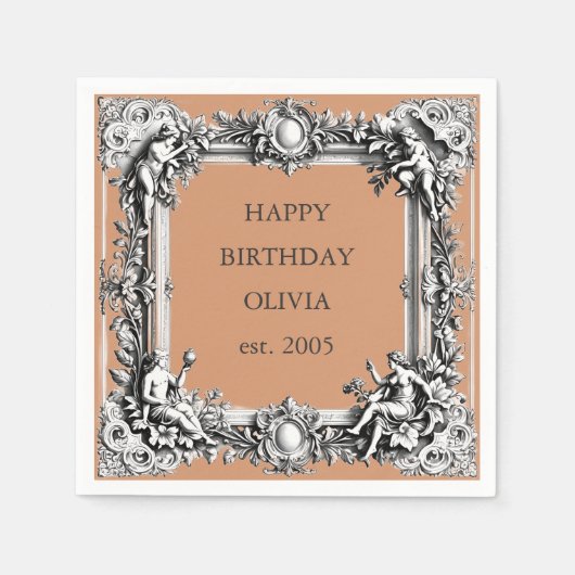 オーダーメイドのビクトリアンスクロールフレーム - 陶土テラコッタ スタンダードカクテルナプキン (正面)