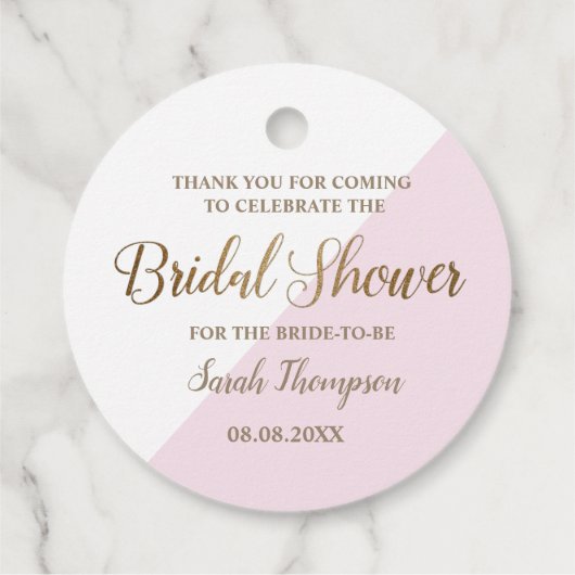 オーダーメイドのピンクとゴールドのモダンなブライズシャワー フェイバータグ (裏面)