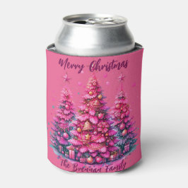 オーダーメイドのピンクのクリスマスツリーと家族 缶クーラー